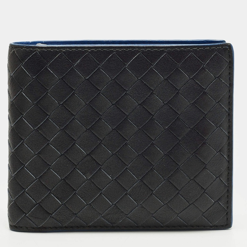 BOTTEGA VENETA Intrecciato Black Blue Leather Bifold Bill Wallet